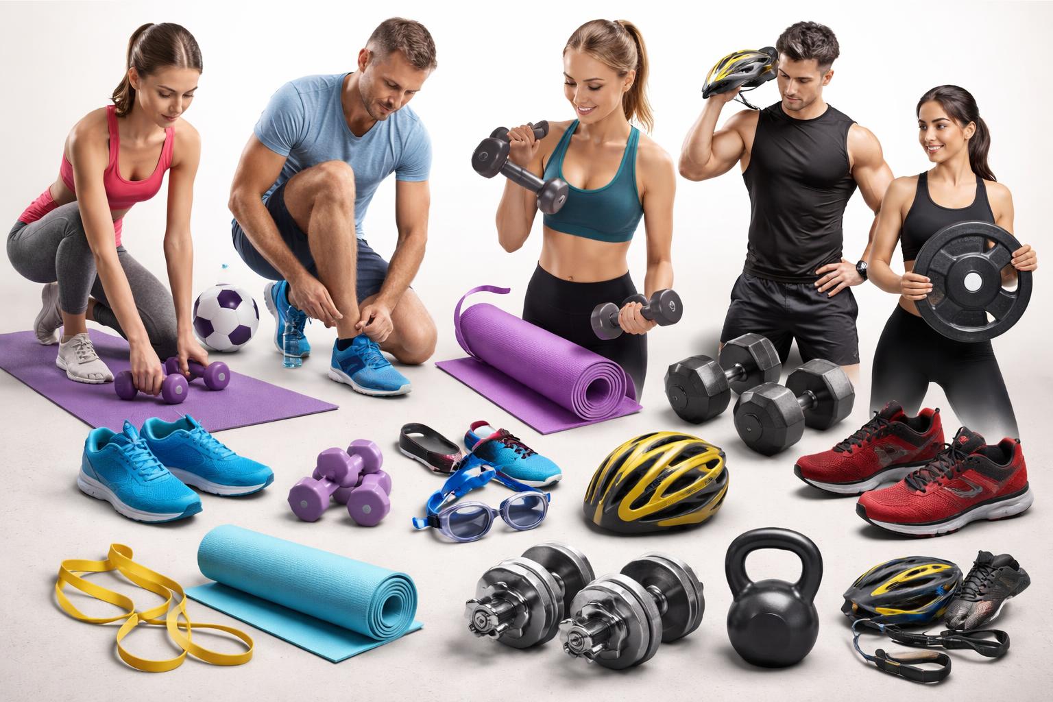 Ilustrácia výberu športových pomôcok podľa druhu športu a kondície používateľa.