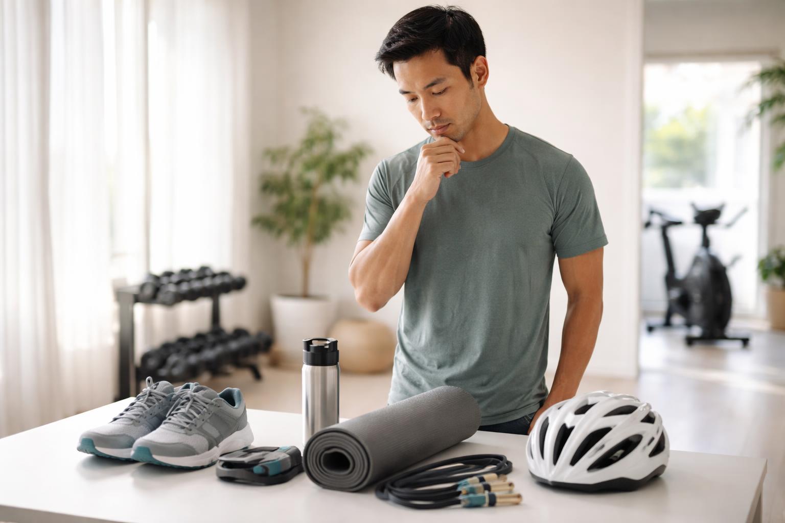 Žena zvažuje športovú výbavu pri nákupe v obchode s športom