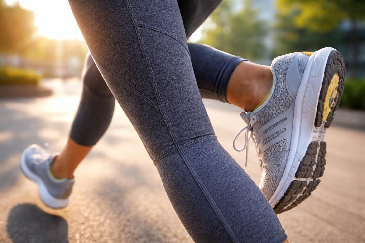 Osoba kráča v pohodlných topánkach, zdôrazňujúca detaily švu a materiálu