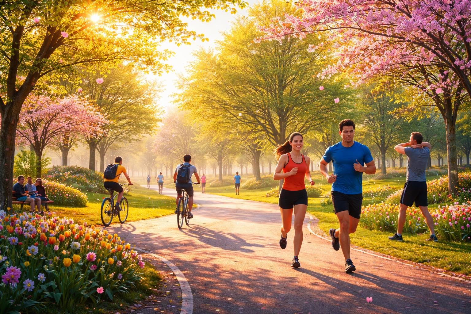 Mladý človek beží v jarnom parku pod rozkvitnutými stromami a slnečným svetlom