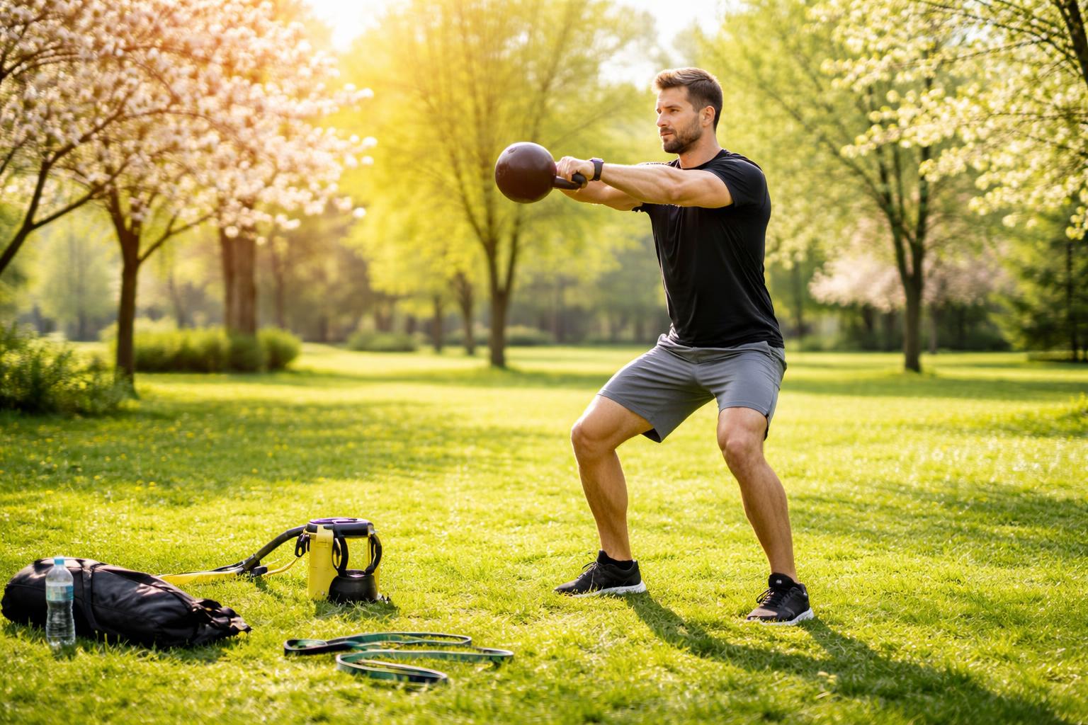 Žena a muž s funkčnou športovou výbavou cvičia vonku na jar