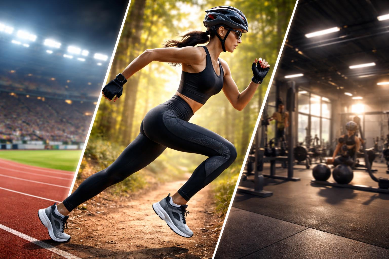 Osoba obutá v bežeckých teniskách, prilbe a legínach na športový výkon.