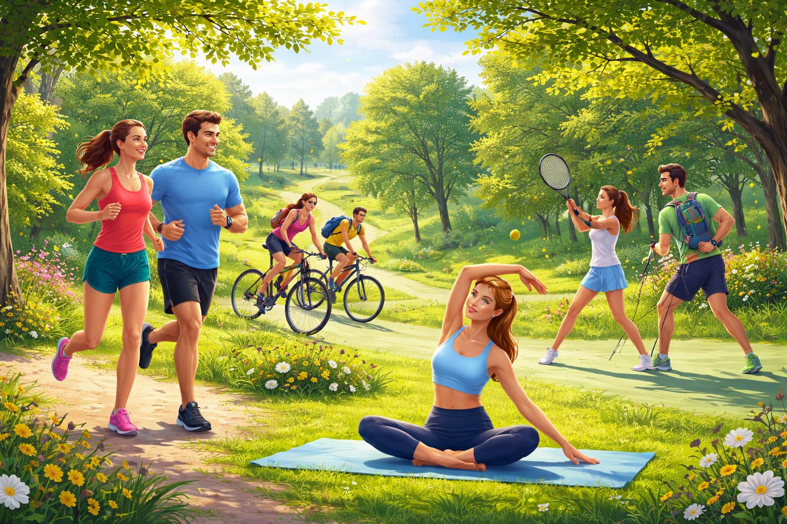 Skupina ľudí sa venuje behu a kolieskovým športom v jarnom parku